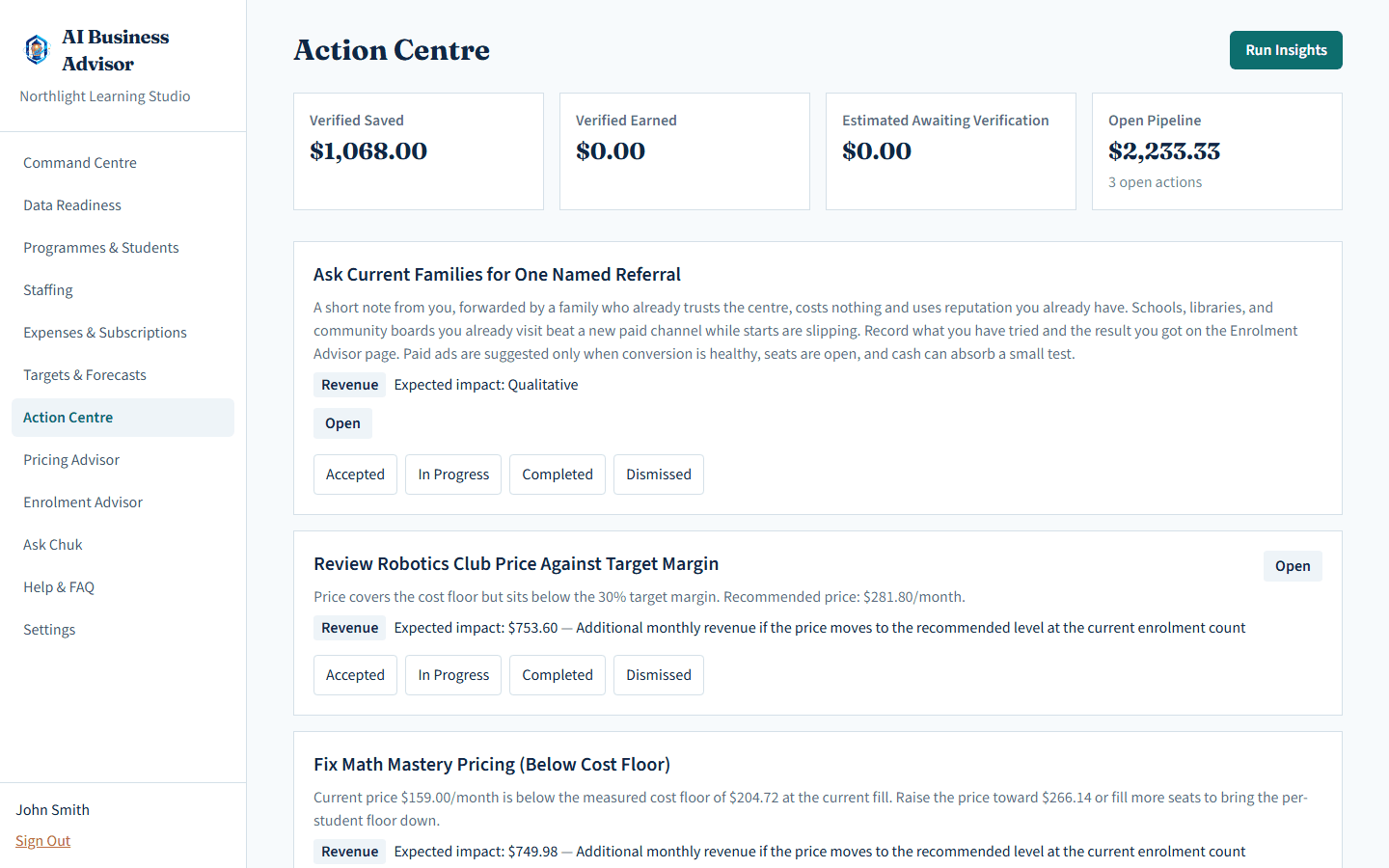 Action Centre showing verified savings and open recommendations with expected impact