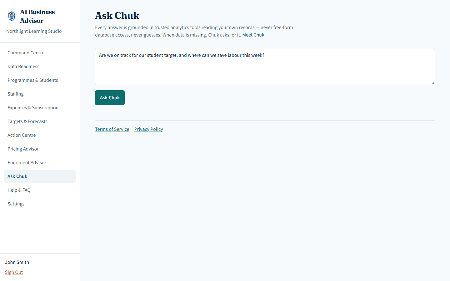 Ask Chuk chat page where owners ask questions about their business data