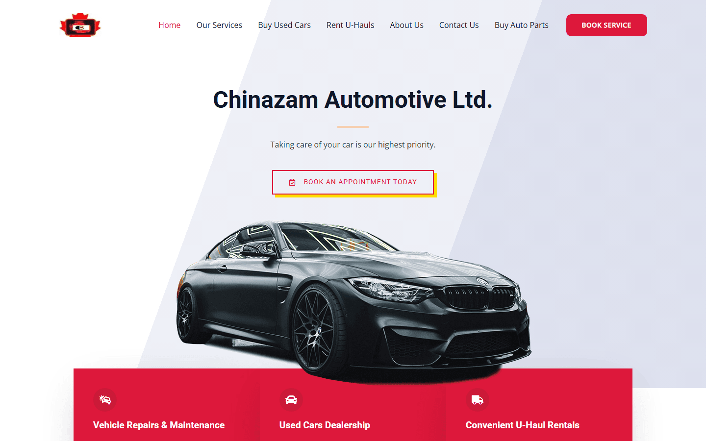 Homepage screenshot of Chinazam Automotive shop and dealership website