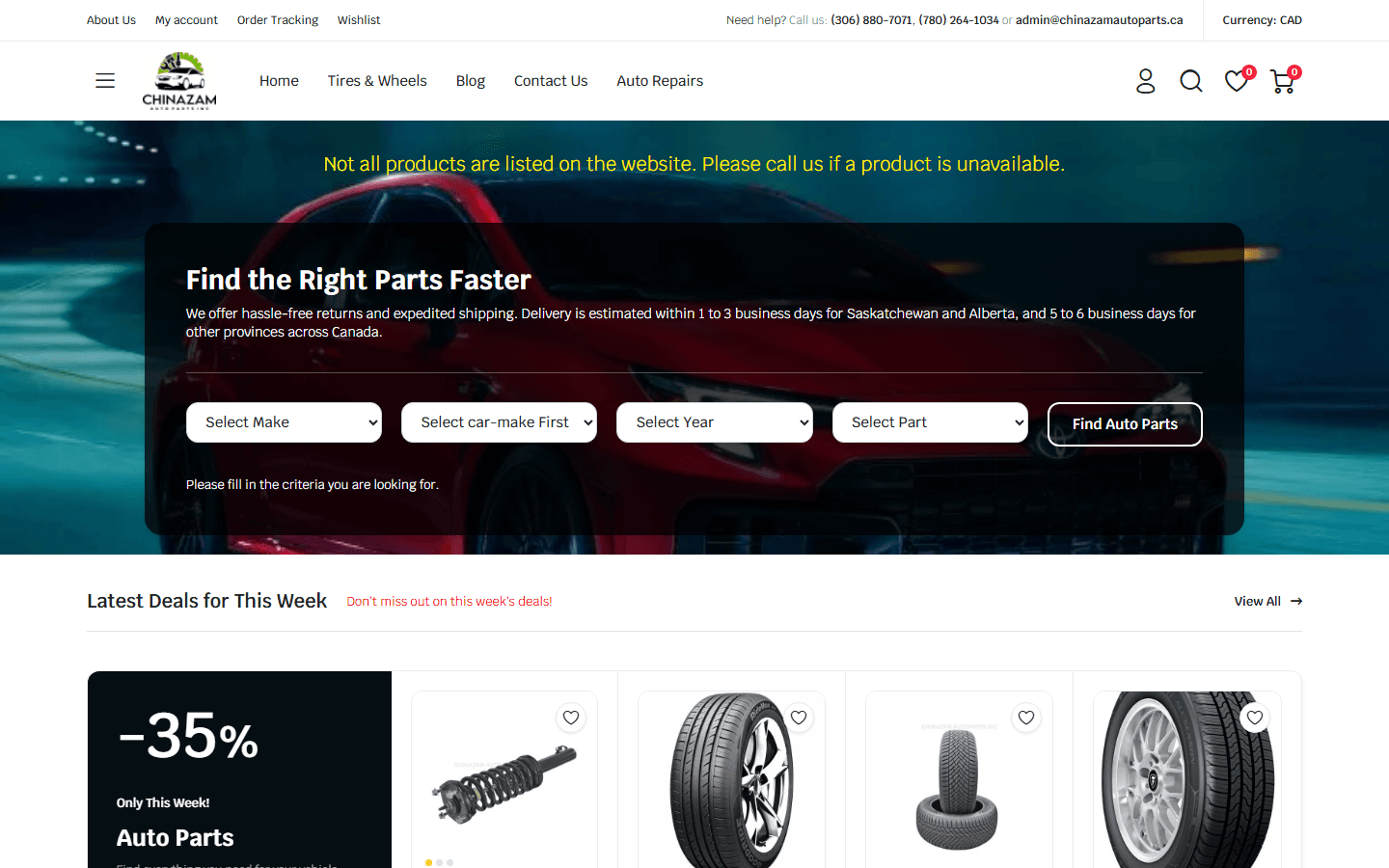Homepage screenshot of Chinazam Car Parts auto parts store in Saskatoon