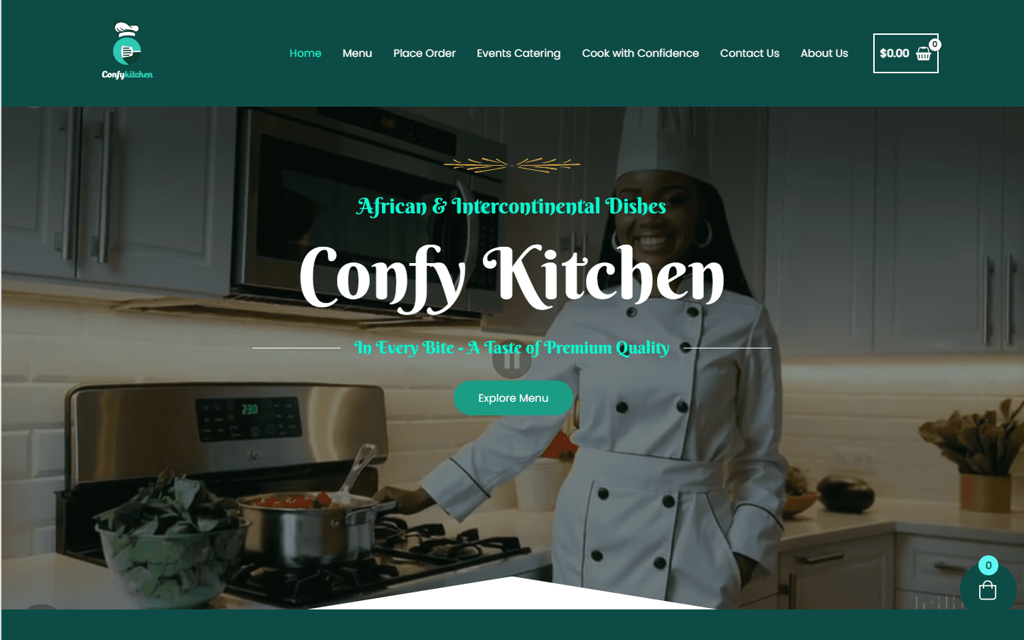 Homepage screenshot of Confy Kitchen food business website