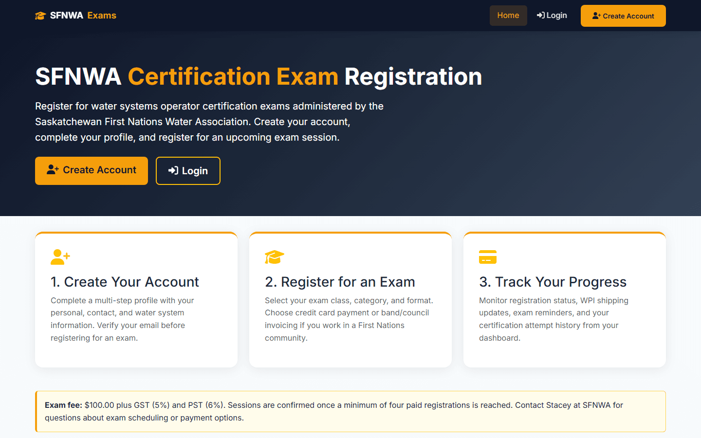 Homepage screenshot of SFNWA exam registration portal