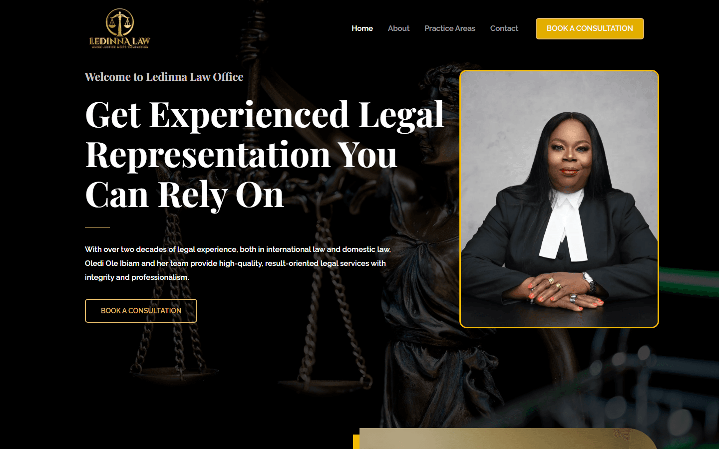 Homepage screenshot of Ledinna Law firm website