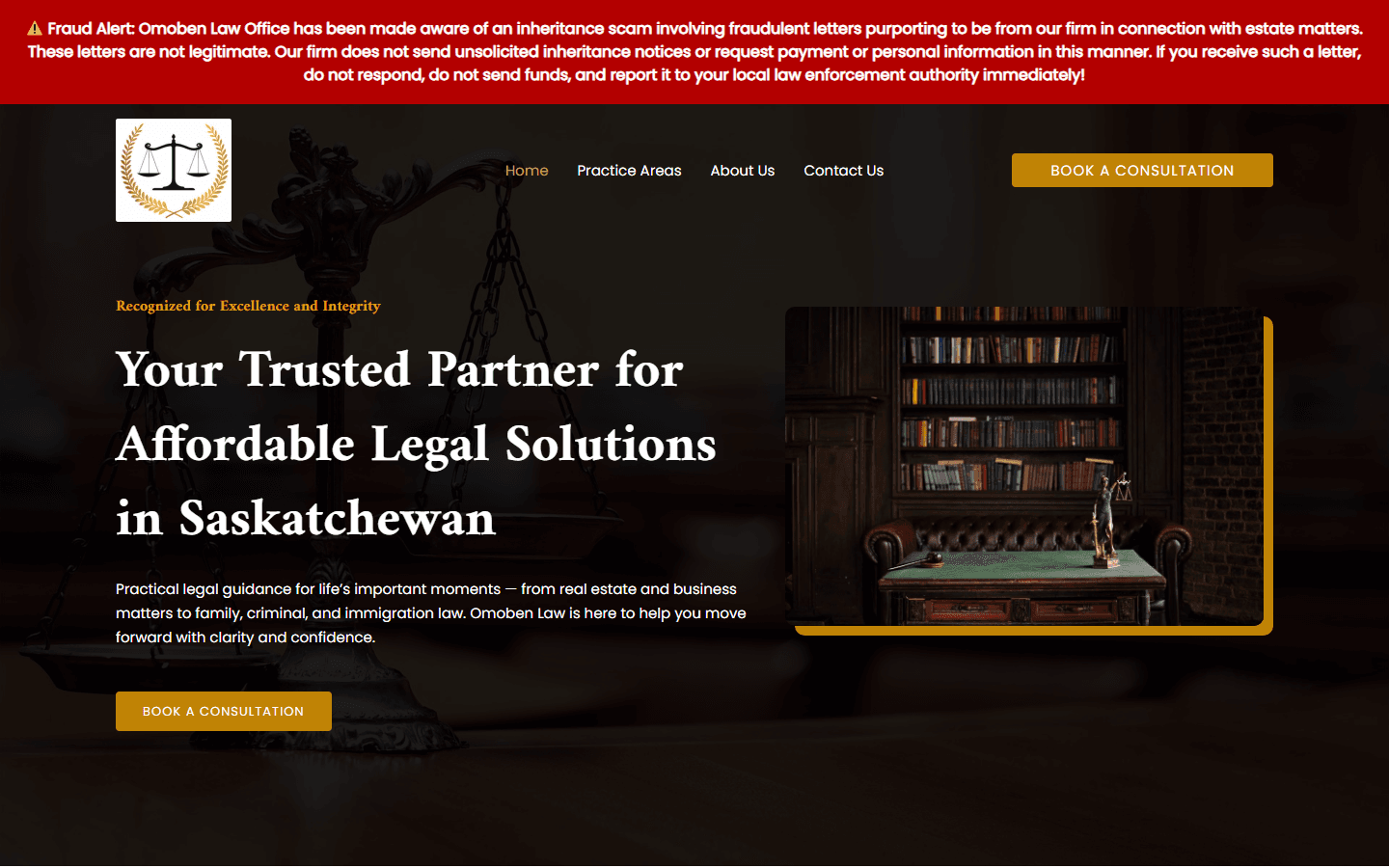 Homepage screenshot of Omoben Law firm website