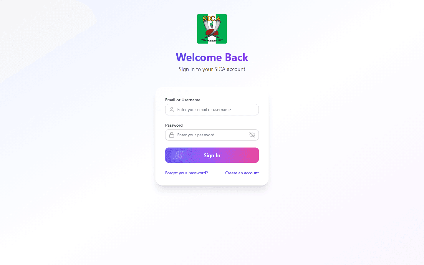 Homepage screenshot of SICA membership portal login and registration site