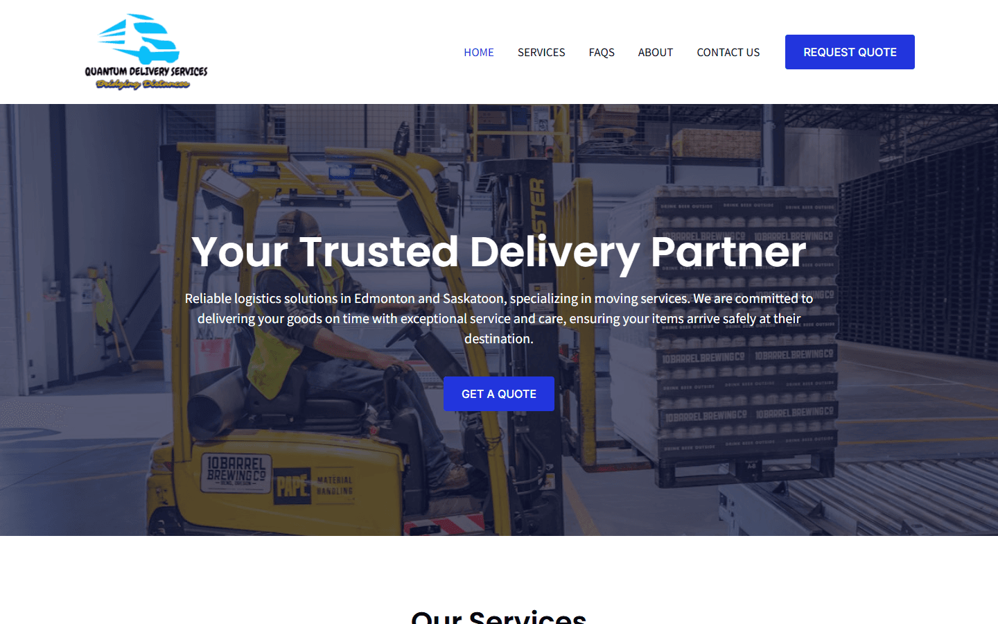 Homepage screenshot of Quantum Delivery Services website