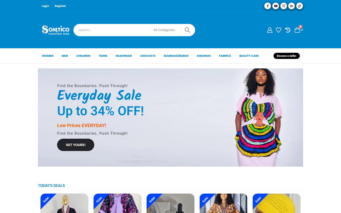 Homepage screenshot of Somtico Fashion Hub, a multi-vendor African fashion marketplace