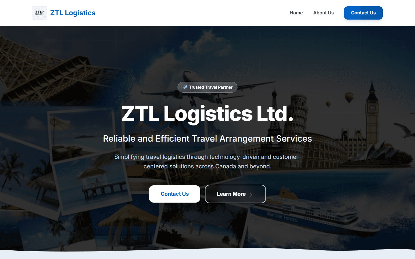 Homepage screenshot of ZTL Logistics travel arrangement services website